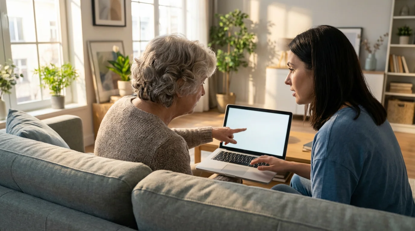 A senior woman and a younger woman apply for medicare assistance on a laptop.