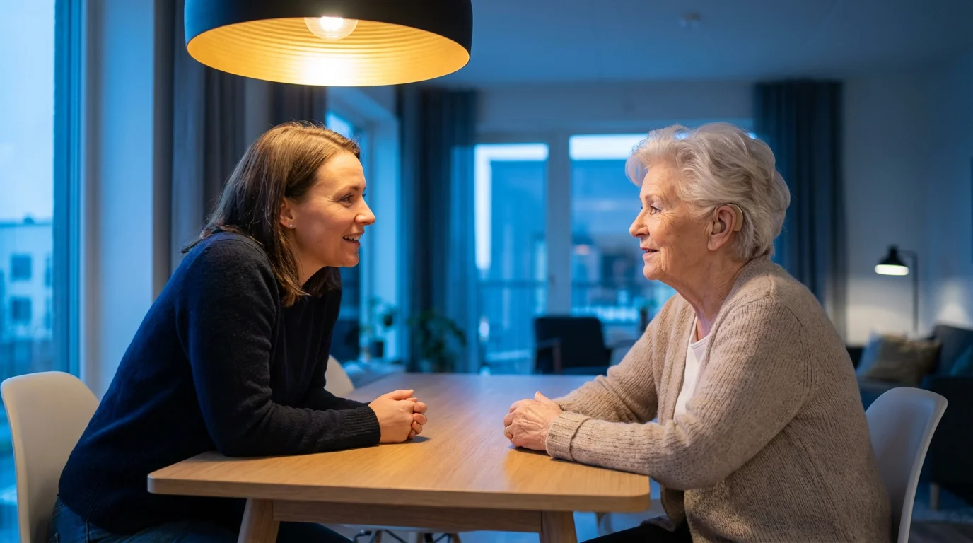 A senior woman and her granddaughter having a clear, heartfelt conversation in the evening.