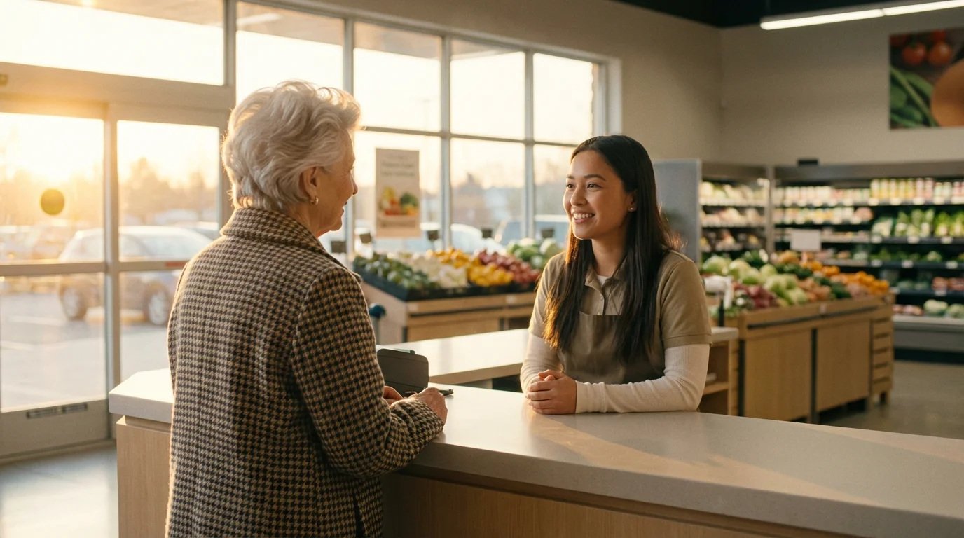 A senior woman asking for information at a grocery store customer service desk.