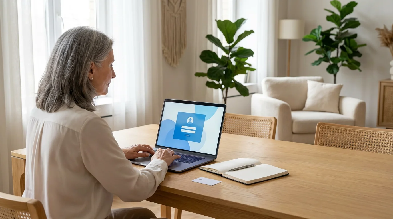 A senior woman at a dining table with a laptop, notebook, and credit card.