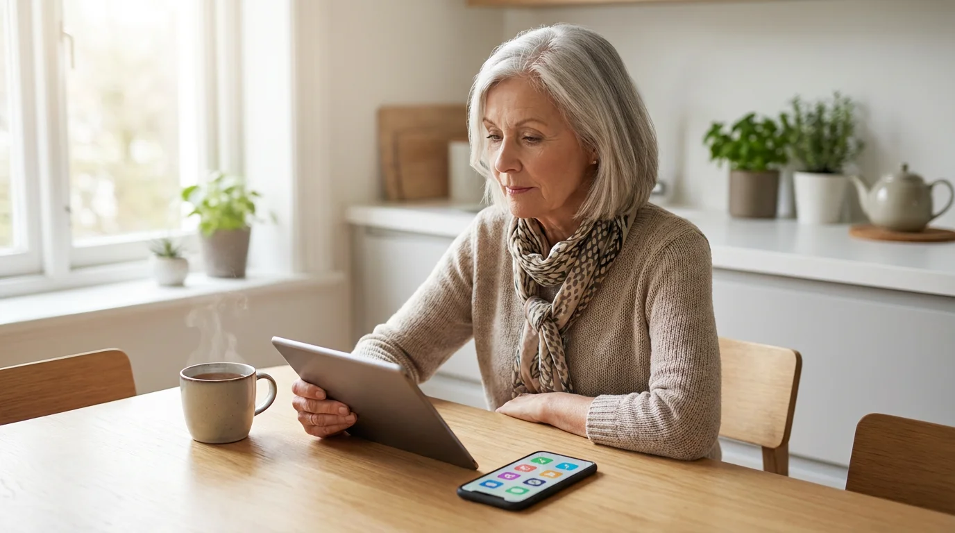 A senior woman at a sunlit table thoughtfully comparing a simplified tablet and smartphone.