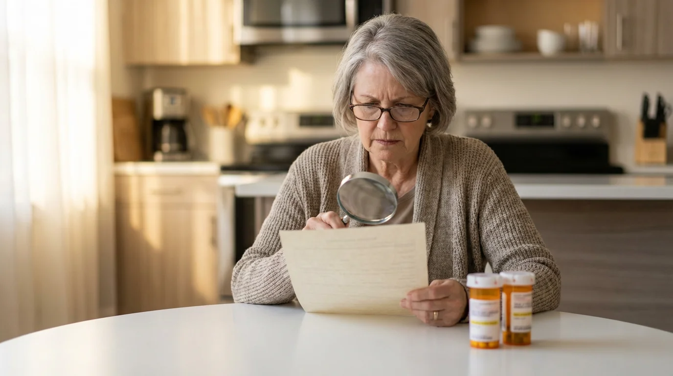 A senior woman at her kitchen table uses a magnifying glass to review a document.