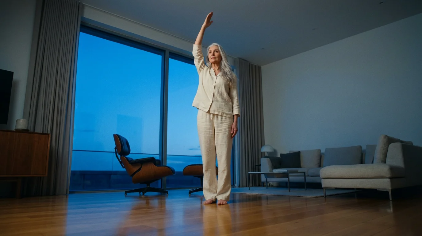 A senior woman doing a gentle standing yoga pose in her living room at dusk.