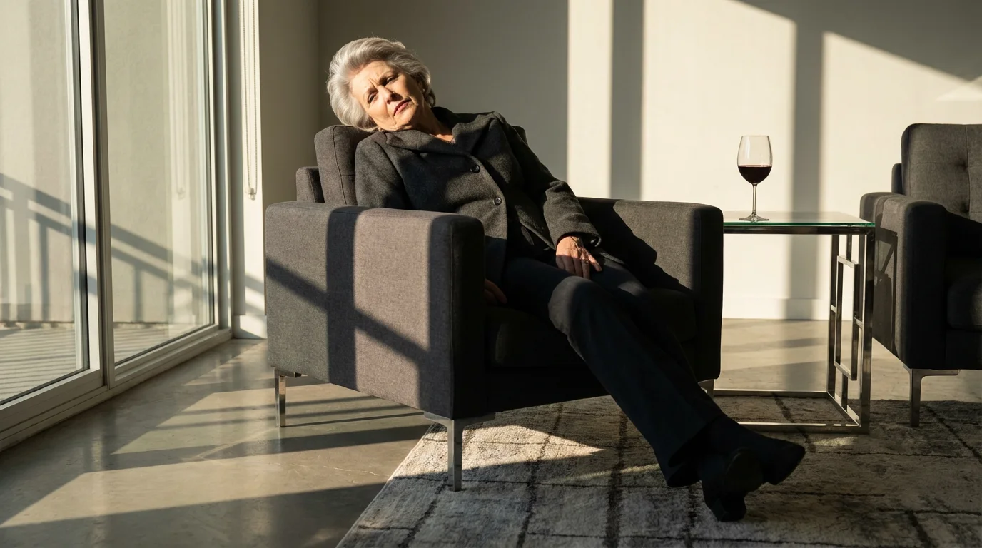 A senior woman dozing uncomfortably in an armchair with a glass of wine nearby.