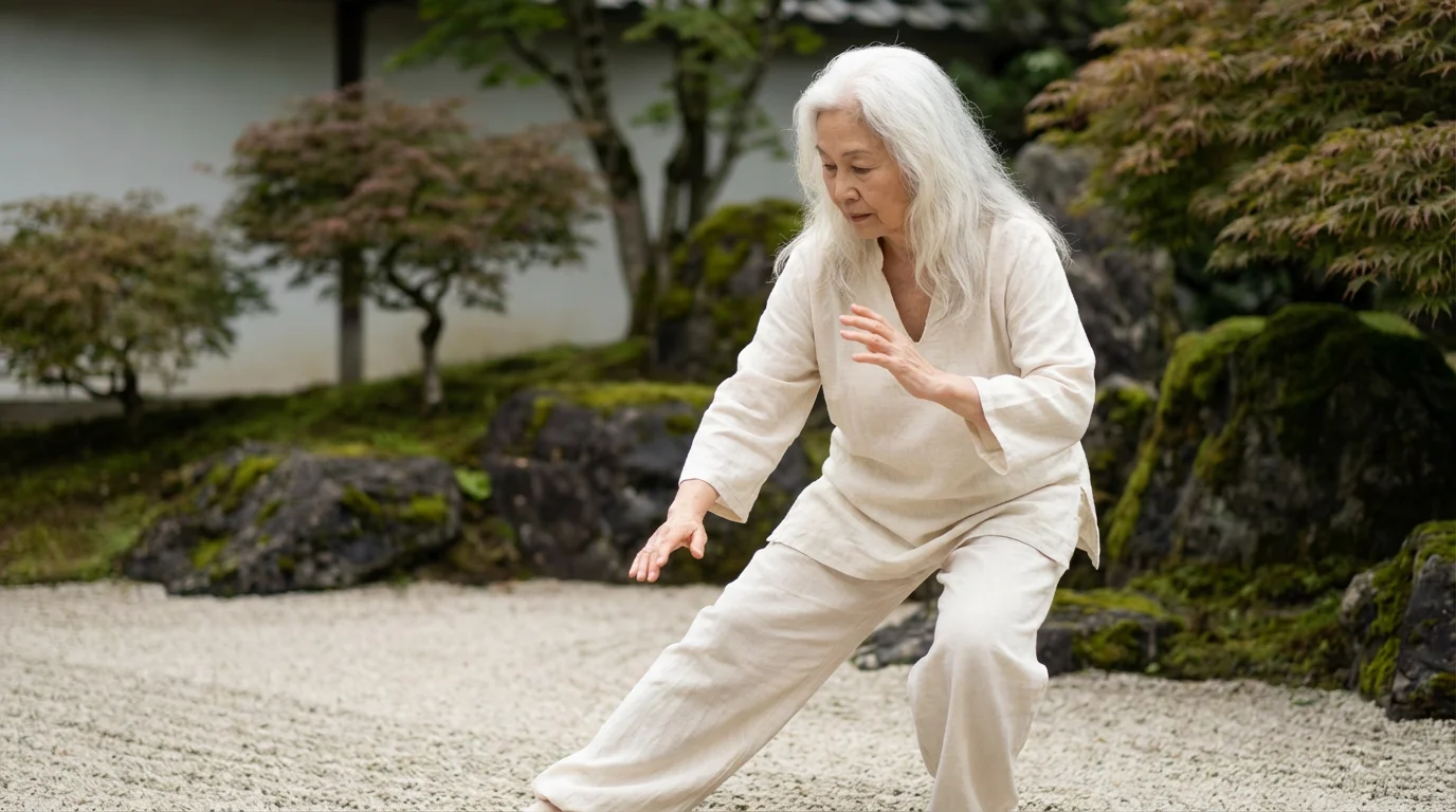 A senior woman gracefully practices Tai Chi in a serene, minimalist zen garden.