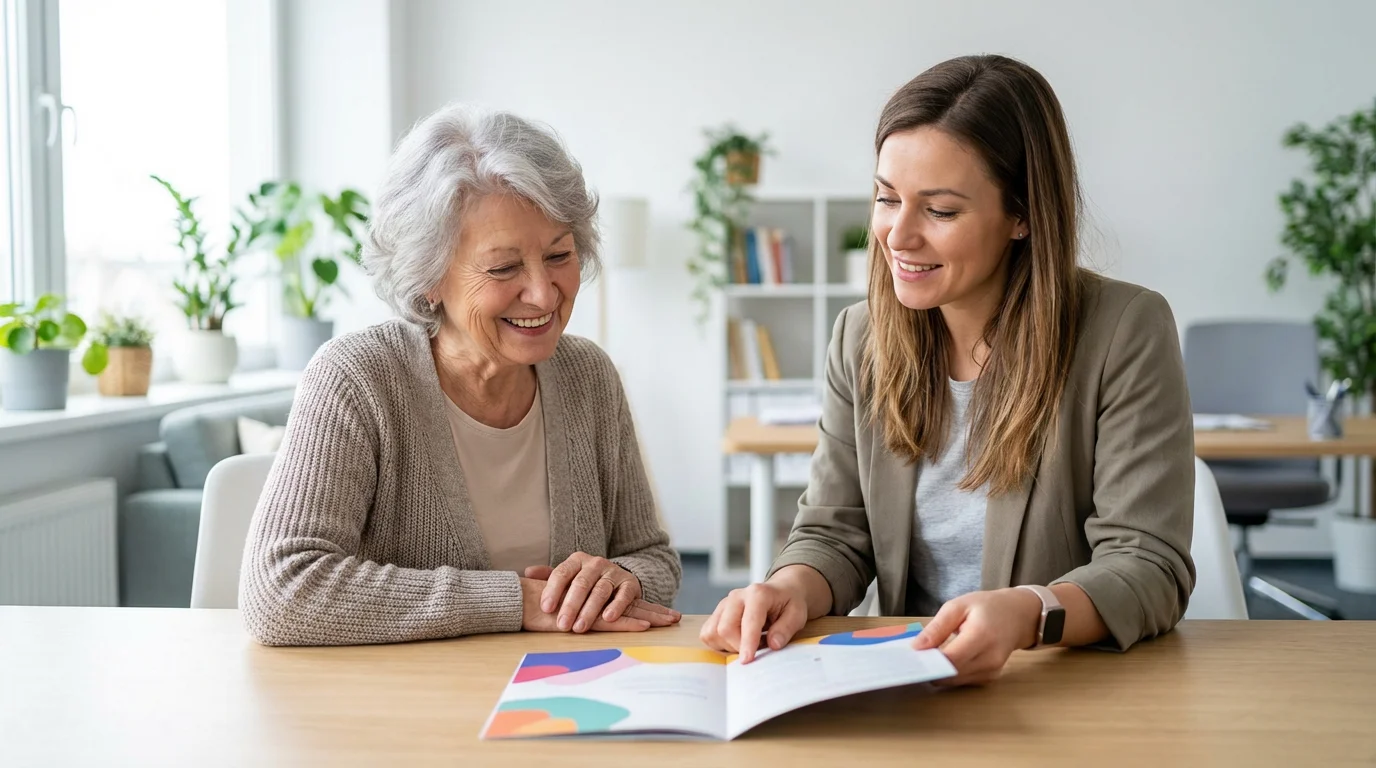 A senior woman gratefully receives information about medication assistance from a program representative.