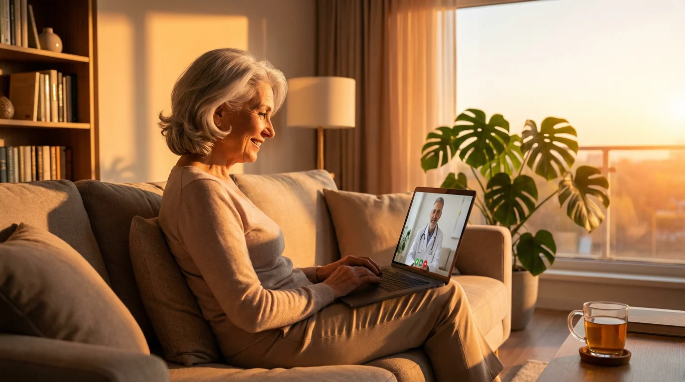A senior woman having a telehealth appointment on her laptop in her warm, sunlit living room.