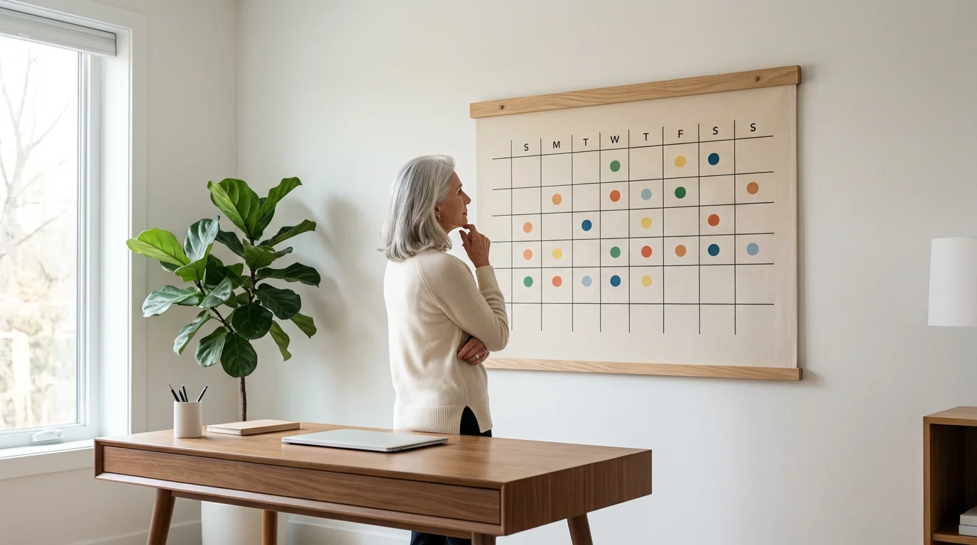 A senior woman in a bright, modern office thoughtfully looks at a large wall calendar.
