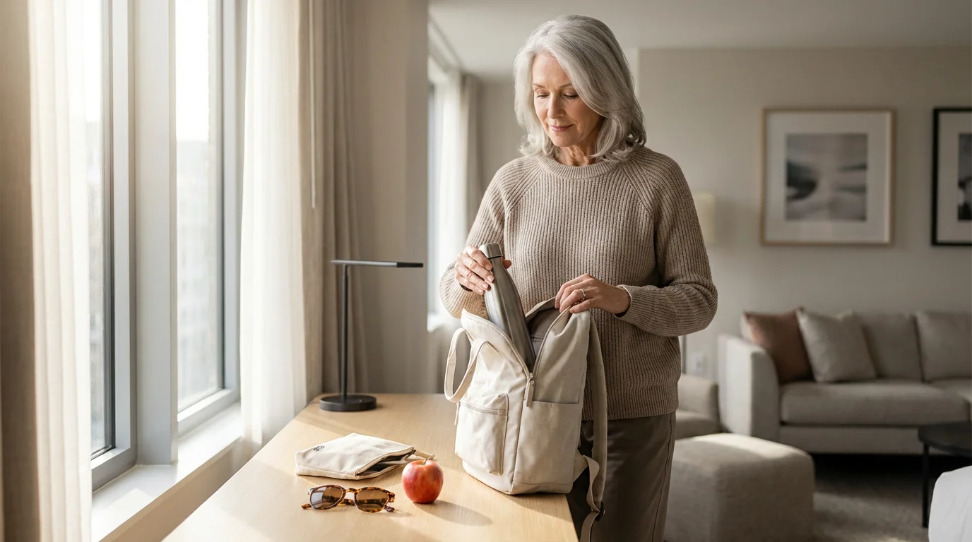 A senior woman in a bright room carefully packing a daypack for a walking tour.