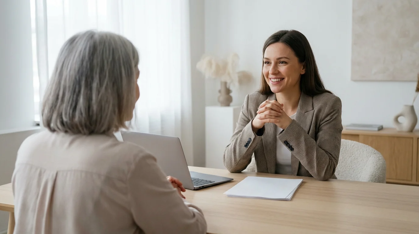 A senior woman in a consultation with a professional advisor in a bright, modern office setting.