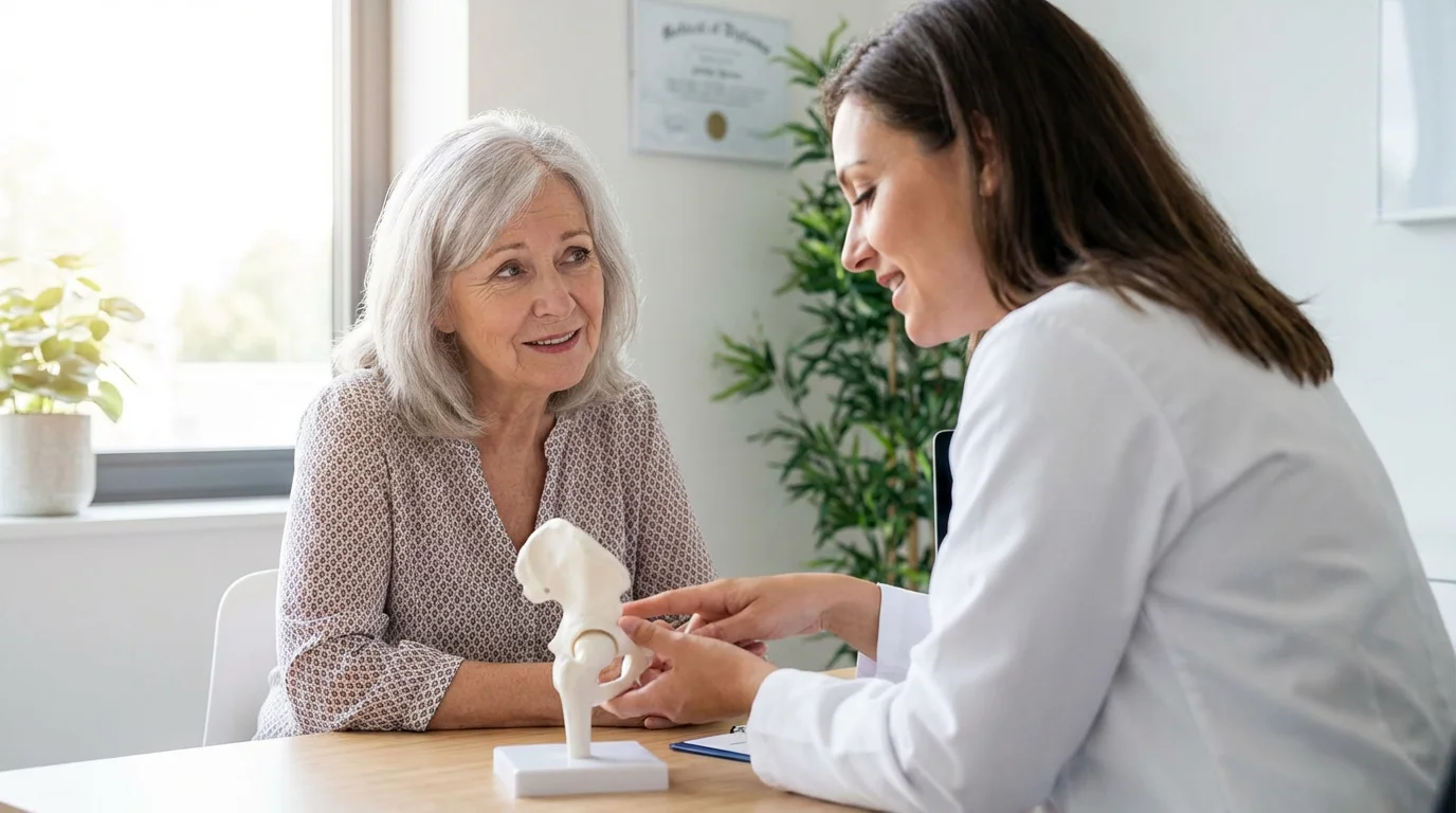 A senior woman in a doctor's office discussing bone health with a compassionate doctor.
