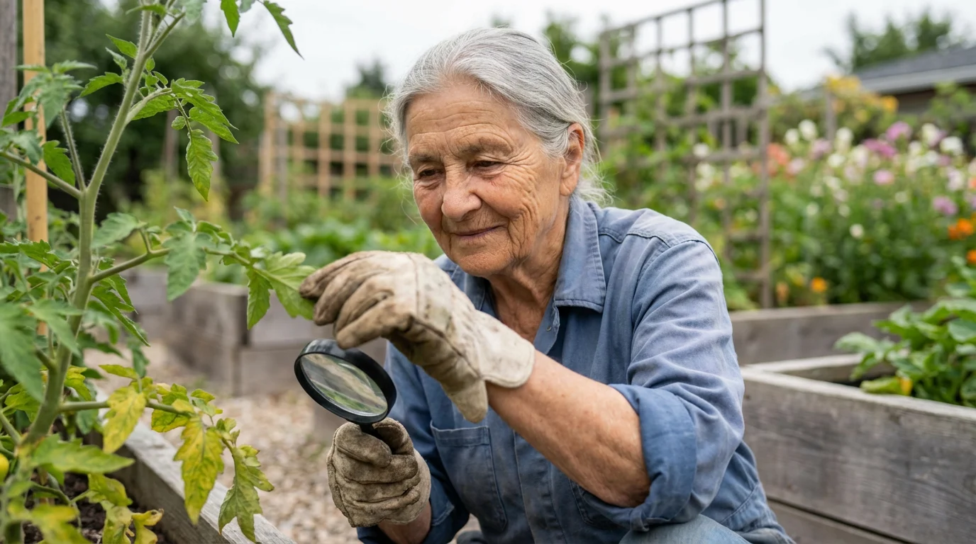 A senior woman in a garden carefully inspecting the leaf of a tomato plant.