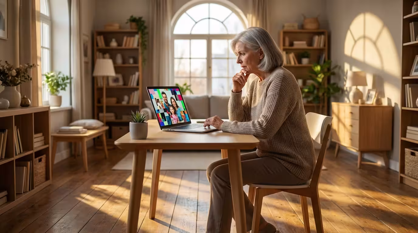 A senior woman in her study looks at a laptop with a glitched, pixelated image.