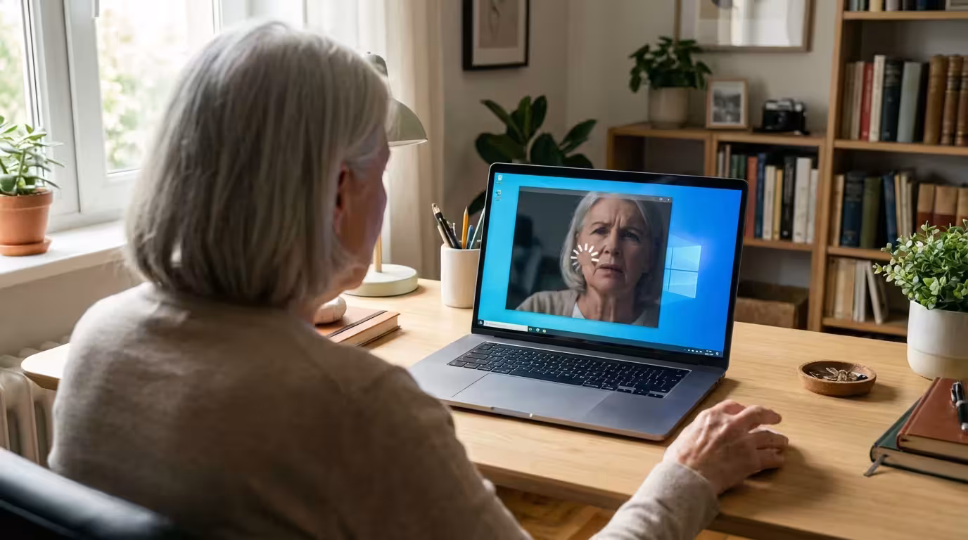 A senior woman looks at her frozen laptop screen showing a spinning wheel icon.