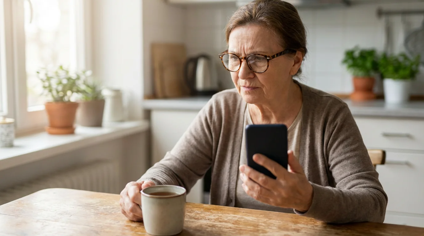 A senior woman looks skeptically at her smartphone while sitting in her kitchen.