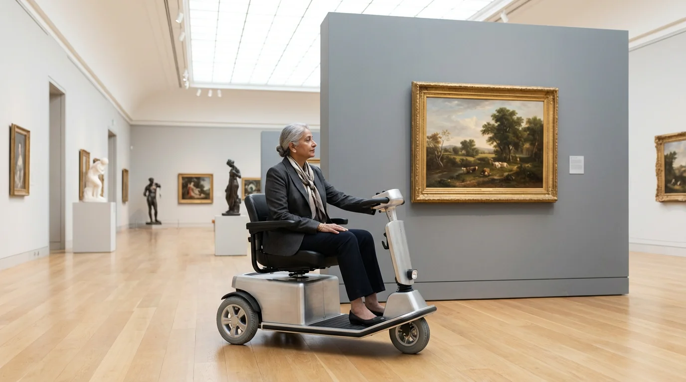 A senior woman on a mobility scooter looking at paintings in an accessible museum.