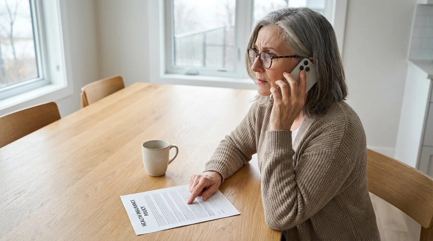 A senior woman on the phone reviewing an insurance document at her dining table.