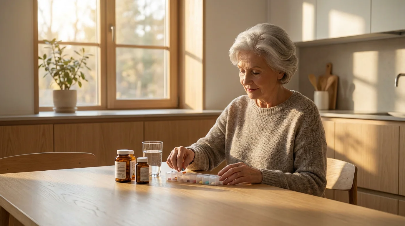 A senior woman organizing her medication into a pill box in a sunlit kitchen.