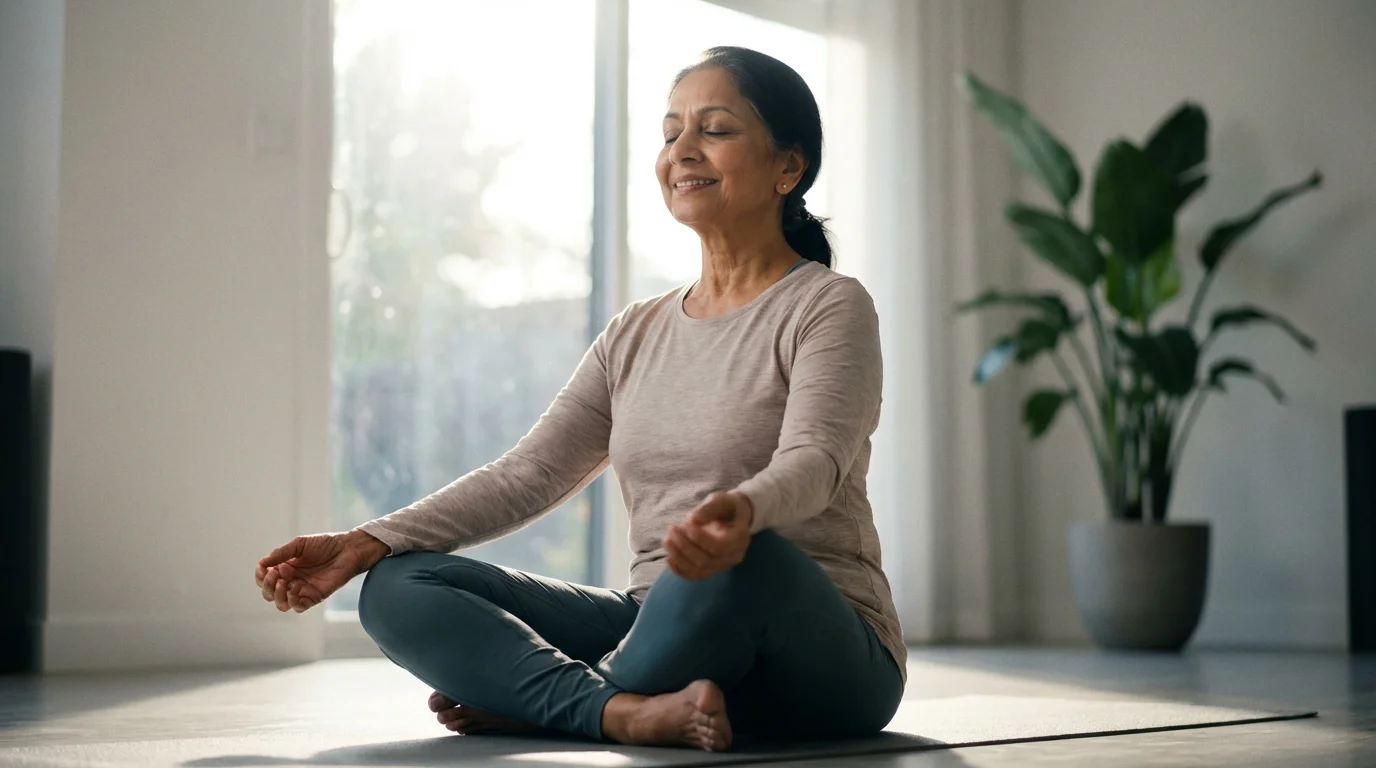 A senior woman peacefully doing a gentle yoga pose in her sunlit living room.