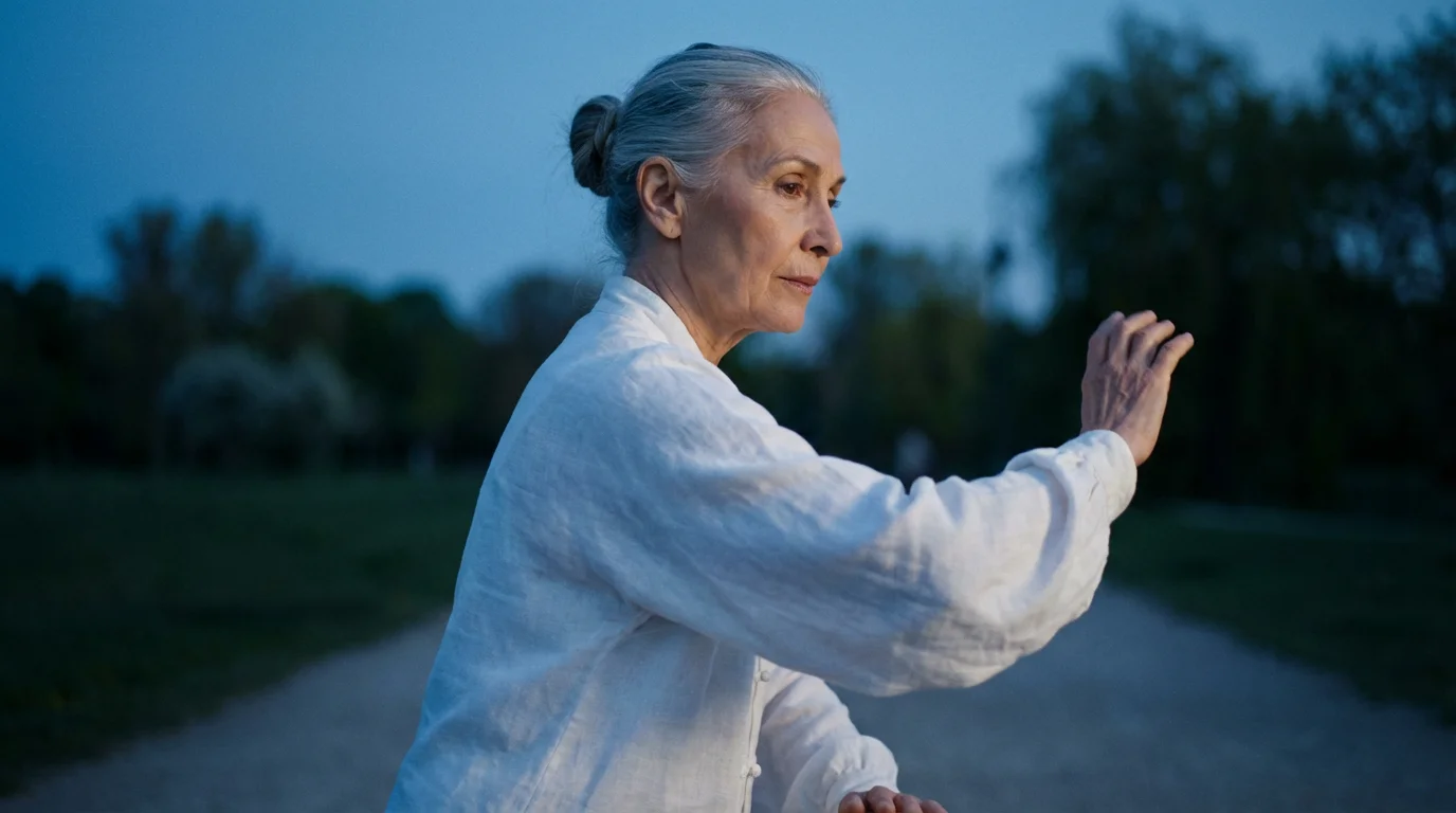 A senior woman practices a graceful tai chi pose in a park at dusk.