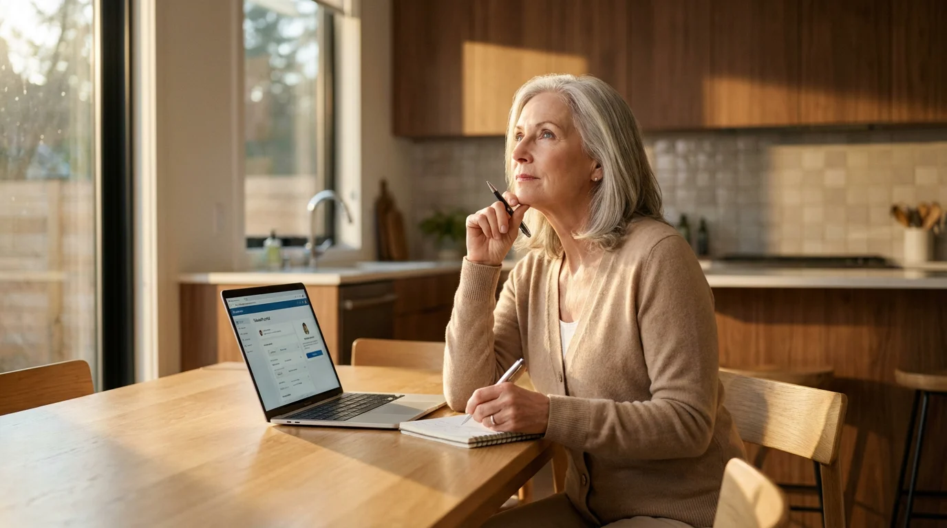 A senior woman sits at a dining table with a laptop, writing notes before her telehealth visit.