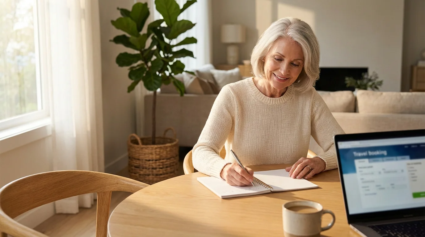 A senior woman sits at a table planning a trip with a laptop and notebook.