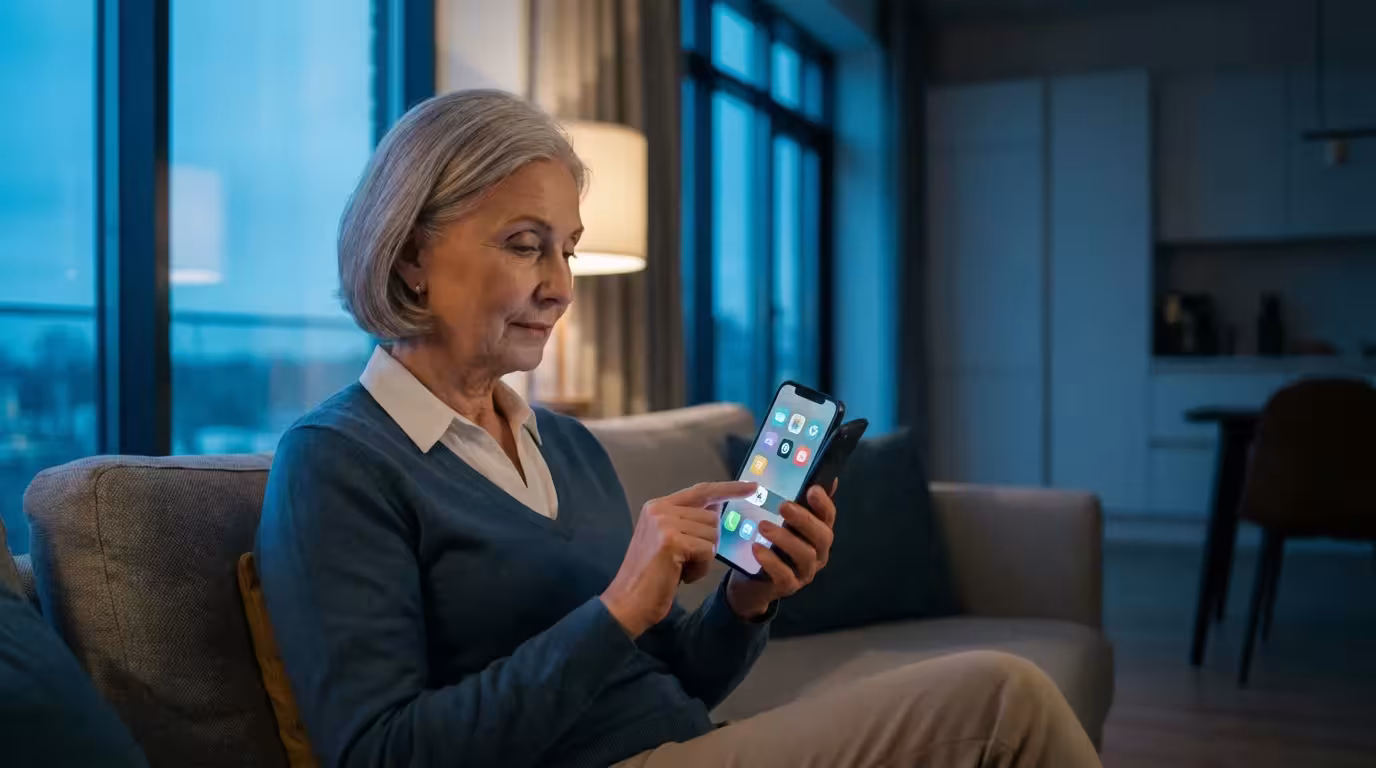 A senior woman sits on a sofa at dusk, adjusting the display settings on her smartphone.