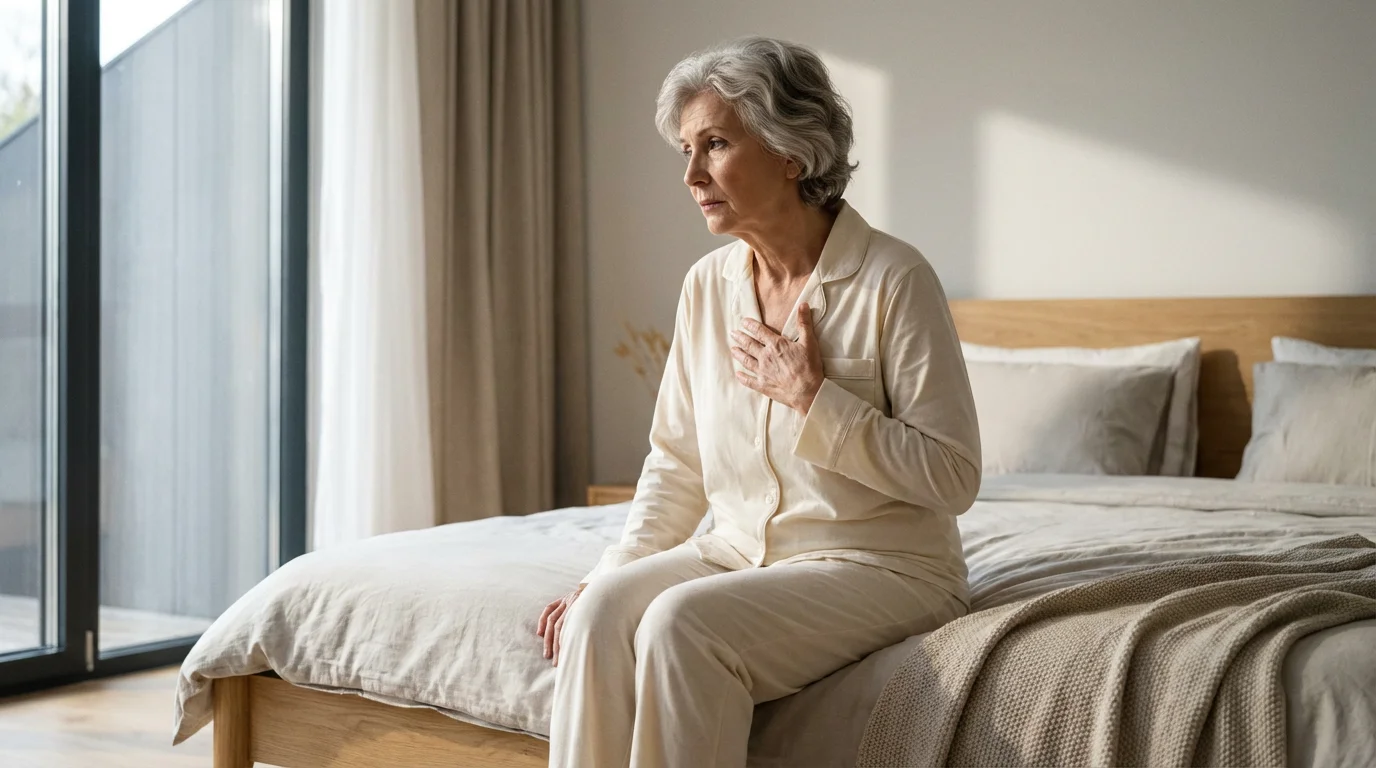 A senior woman sits on her bed in the morning light, looking thoughtful and concerned.