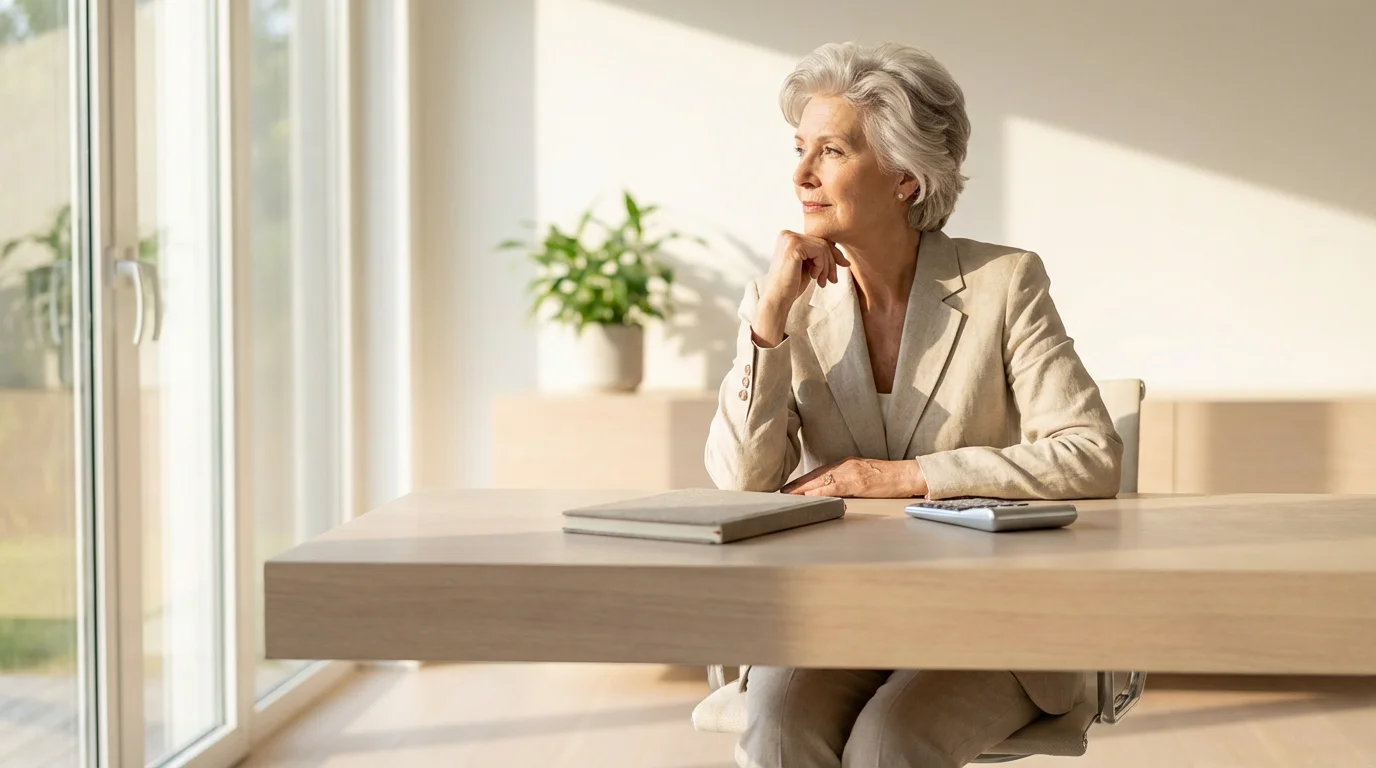 A senior woman sitting at a desk with a ledger, thoughtfully planning finances.