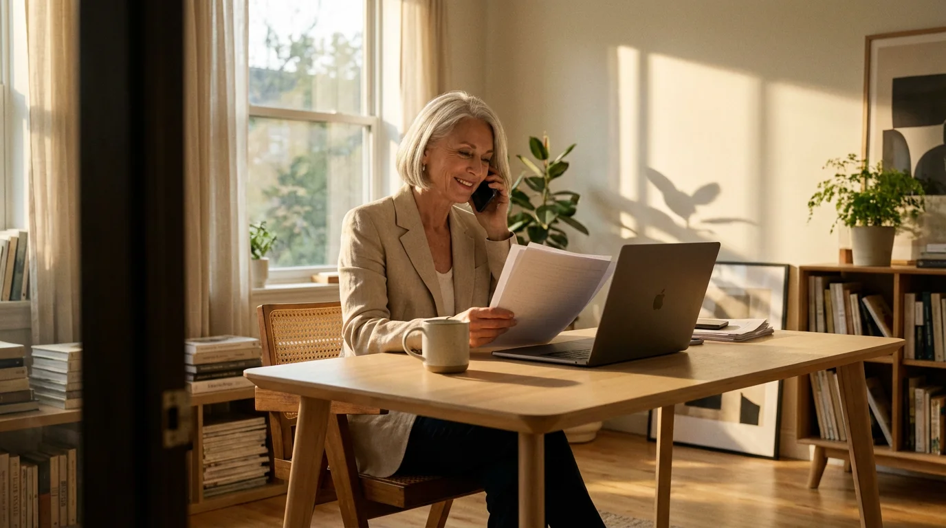 A senior woman sitting at a desk with bills, negotiating on the phone at sunset.