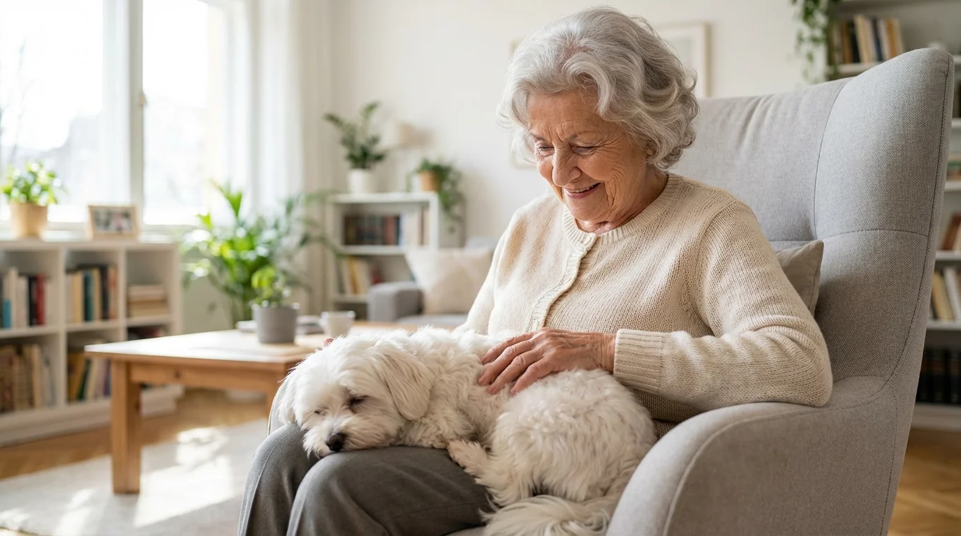 A senior woman sitting in an armchair, looking lovingly at a small white dog sleeping on her lap.