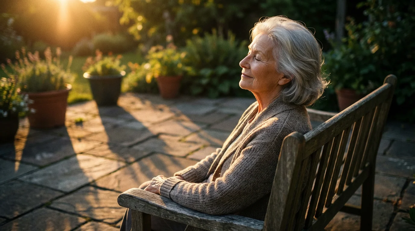 A senior woman sitting on a patio bench, enjoying the afternoon sun for natural vitamin D.