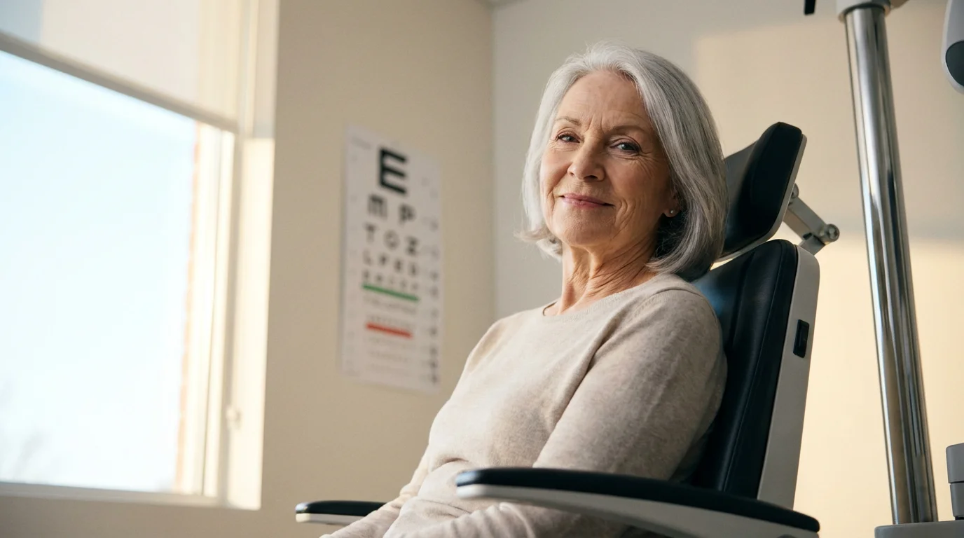 A senior woman smiles calmly in an examination chair during a modern eye exam.