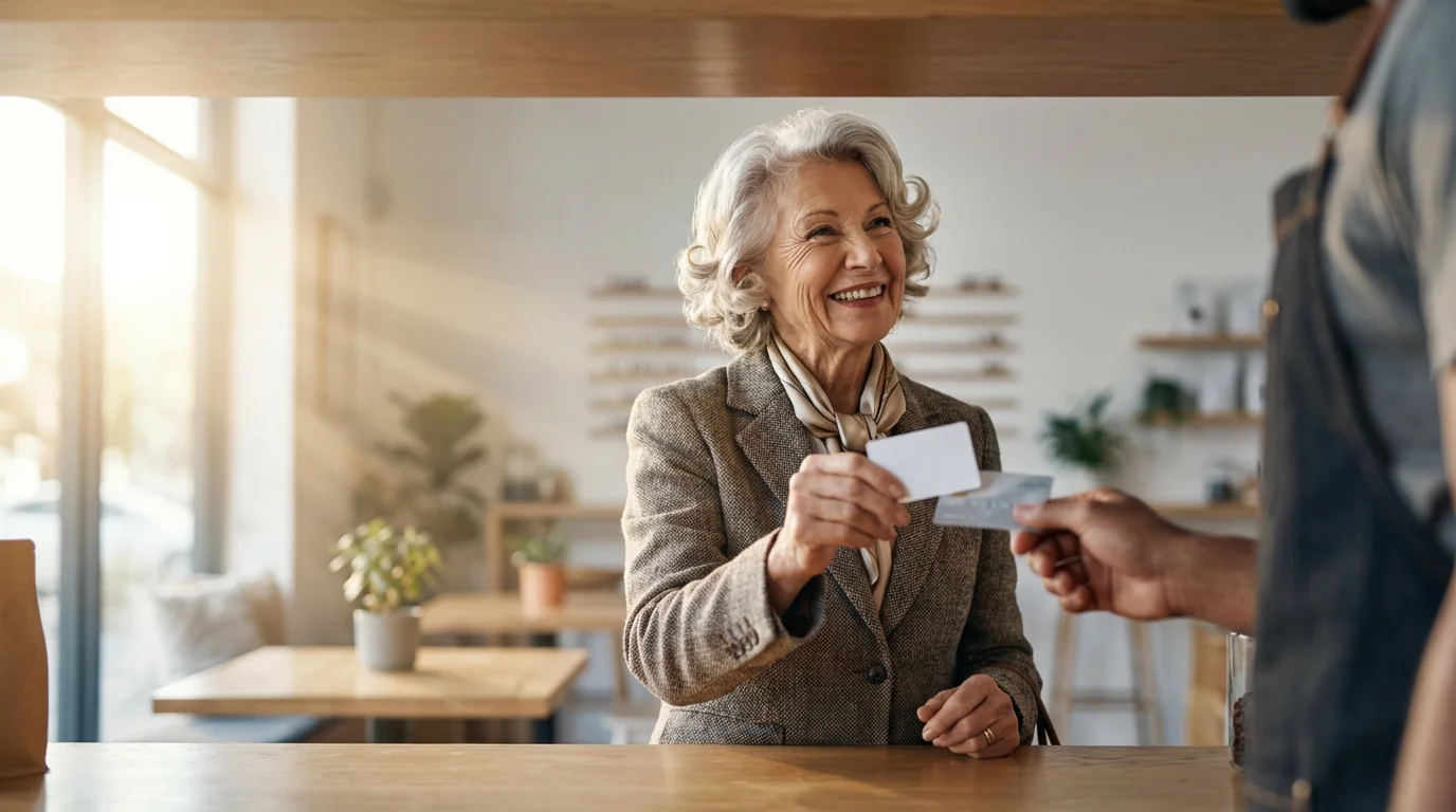 A senior woman smiles confidently while using a discount card at a coffee shop.