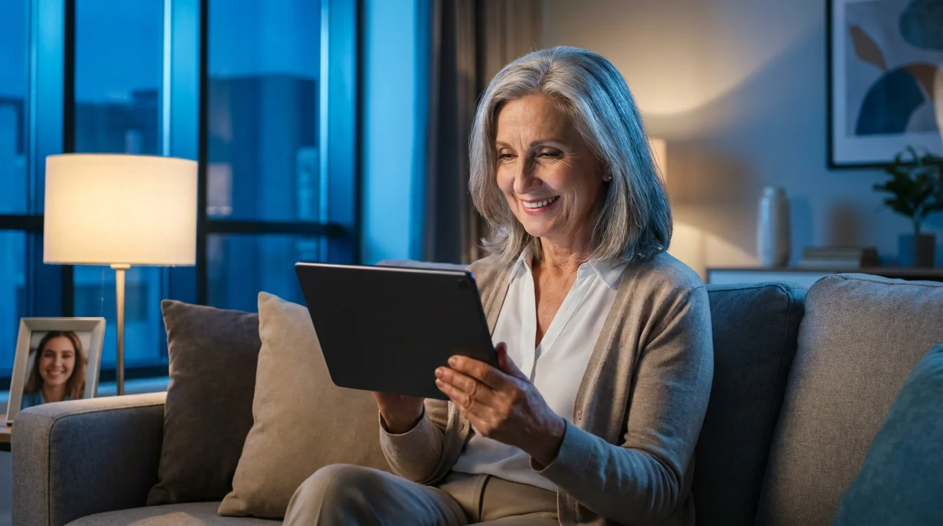 A senior woman smiles while video calling a family member on her tablet at dusk.