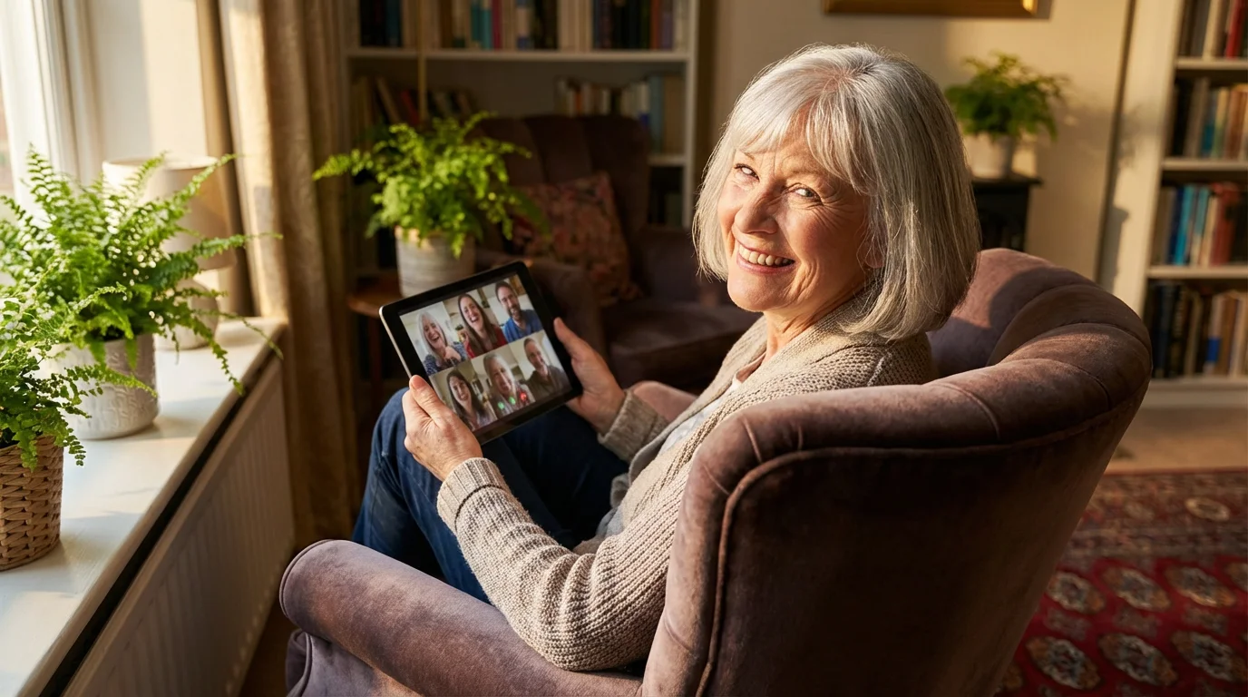 A senior woman smiling warmly while using a tablet for a video call at home.
