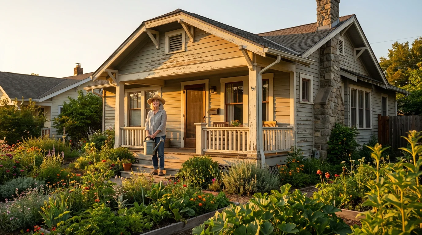 A senior woman stands peacefully on her home's front porch during a warm sunset.
