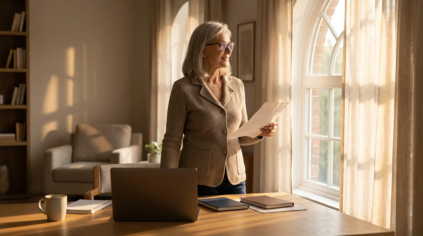 A senior woman stands thoughtfully in her home office at golden hour, considering options.