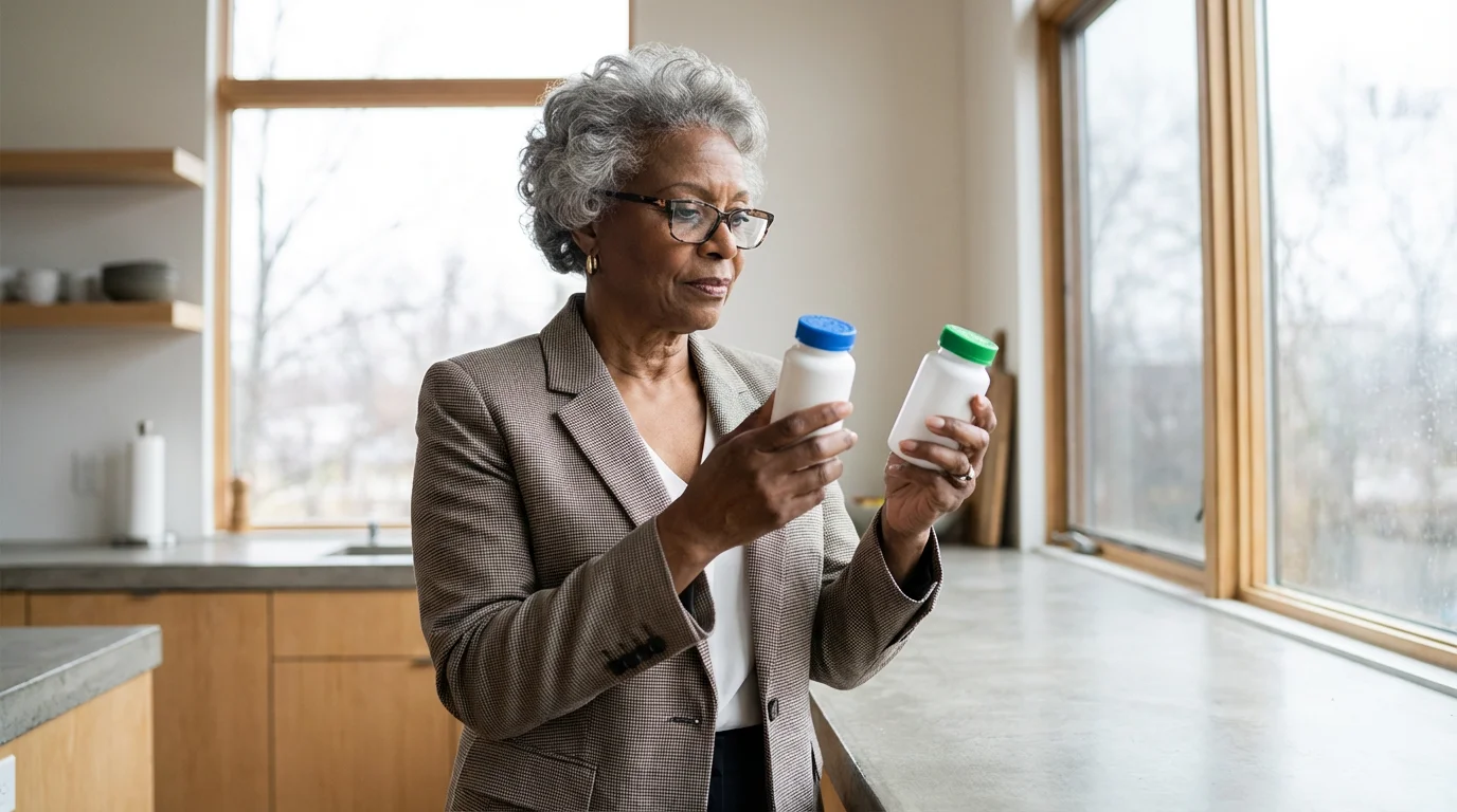 A senior woman thoughtfully compares two different unbranded prescription bottles in a modern kitchen.