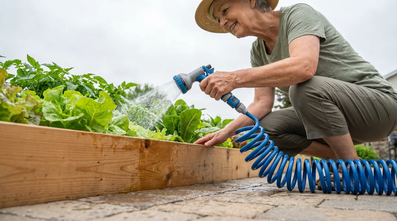 A senior woman using a lightweight coiled hose to water plants in a raised bed.