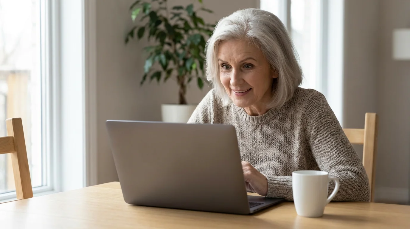 A senior woman with a happy expression uses a laptop in a brightly lit room.