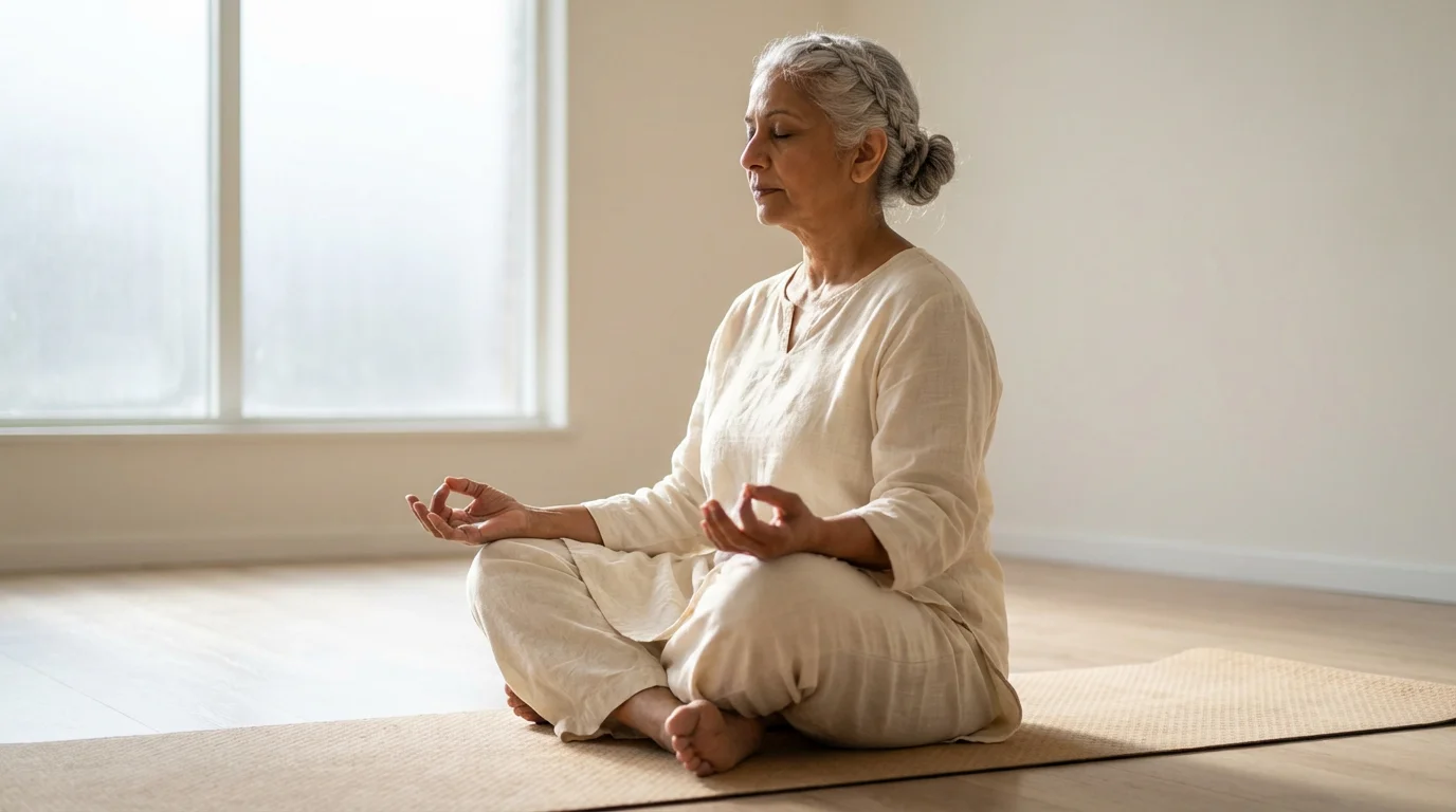 A senior woman with gray hair meditates peacefully on a yoga mat indoors.