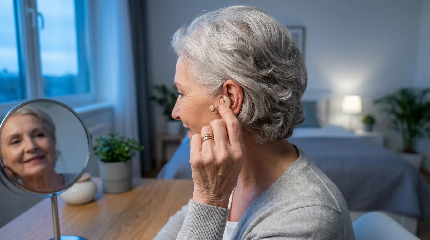 A senior woman with silver hair smiles while fitting a modern hearing aid.