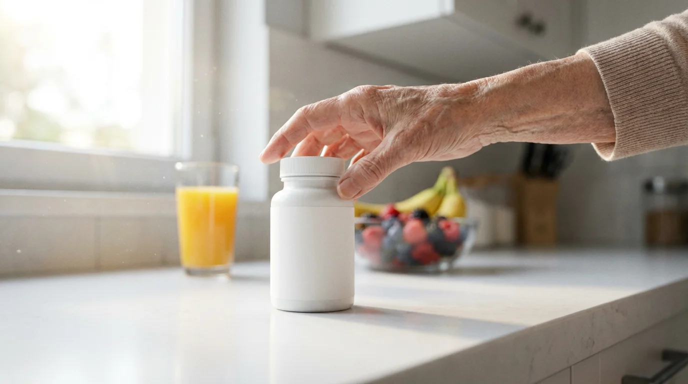 A senior woman's hand reaches for a bottle of vitamin supplements on a sunlit kitchen counter.