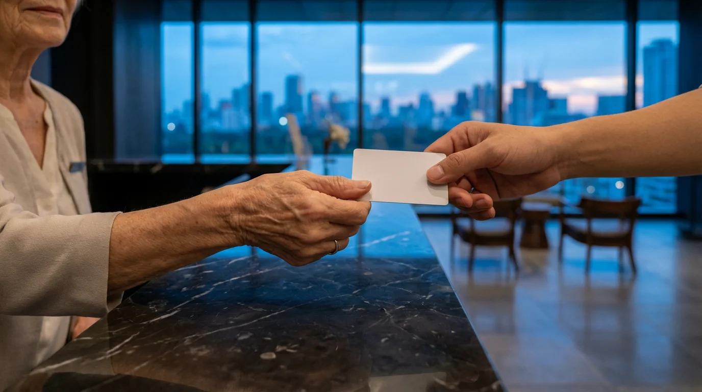 A senior woman's hand receiving a blank hotel key card at a reception desk.