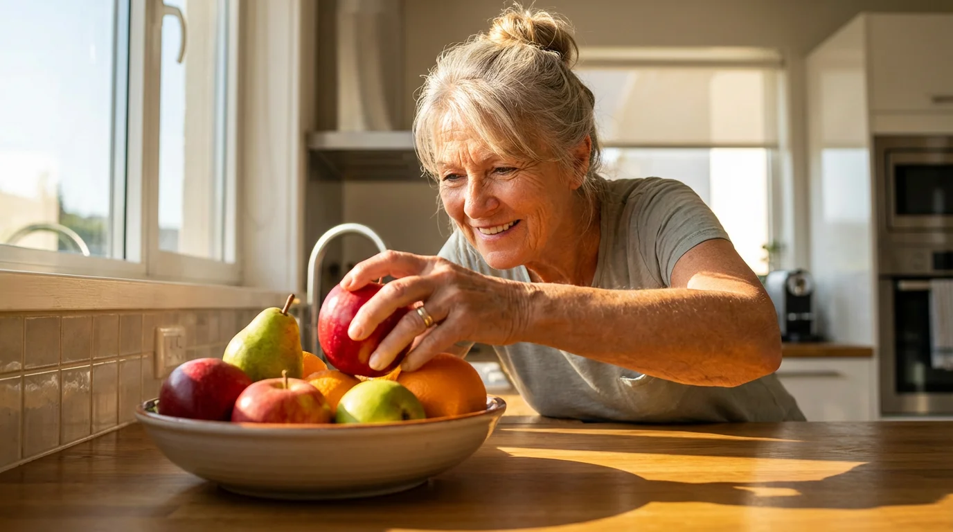 A senior woman's hand selecting a red apple from a fruit bowl in a sunlit kitchen.