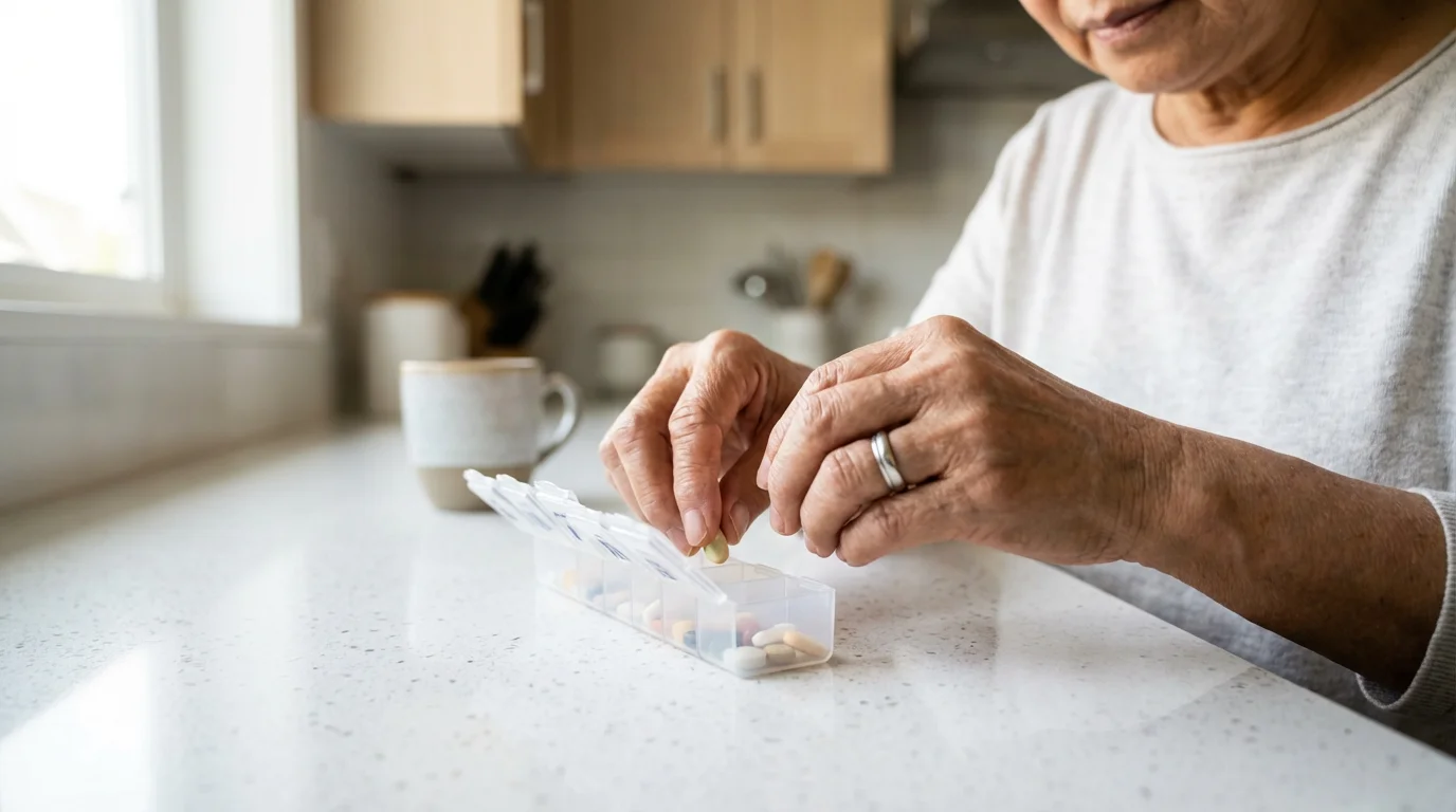 A senior woman's hands organizing medication into a pill sorter on a sunlit counter.