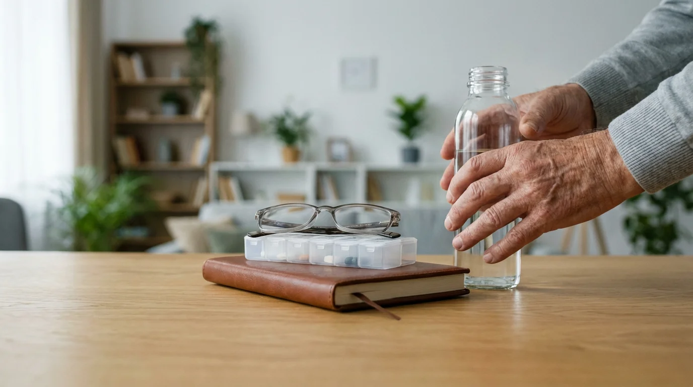 A senior's essential items for a doctor visit neatly arranged on a wooden table.