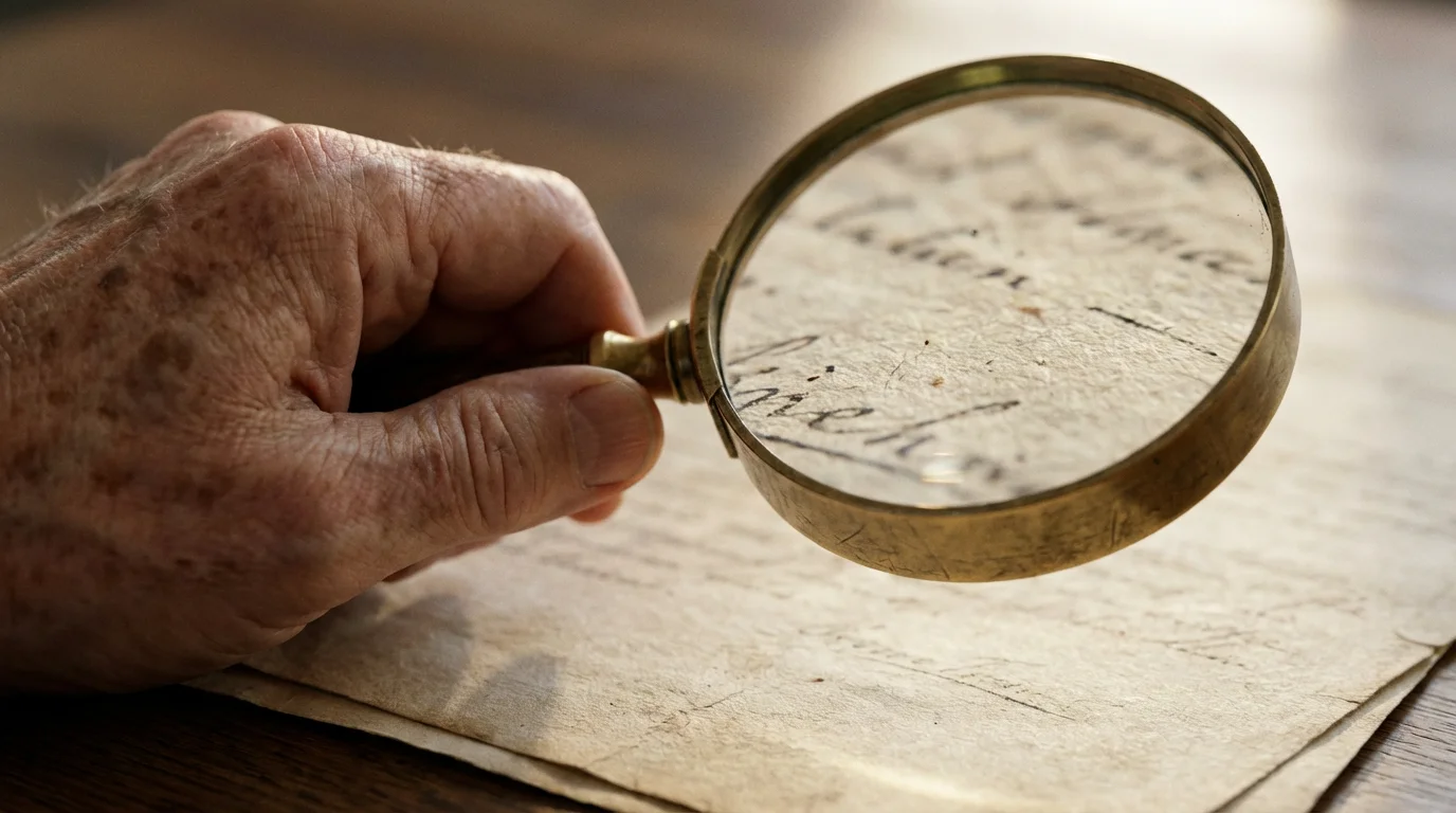 A senior's hand holding a magnifying glass, closely inspecting an official-looking document on a desk.