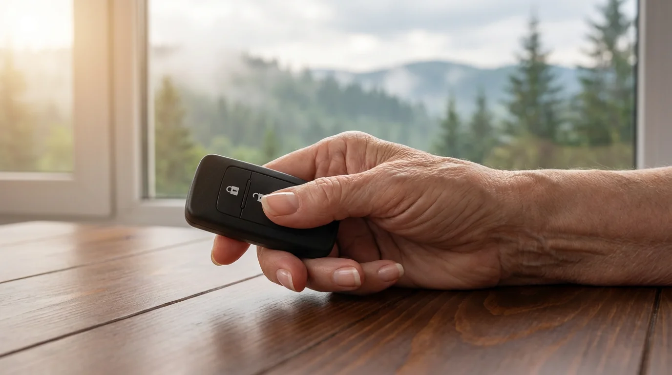 A senior's hand holds a luxury car key fob on a wooden table.